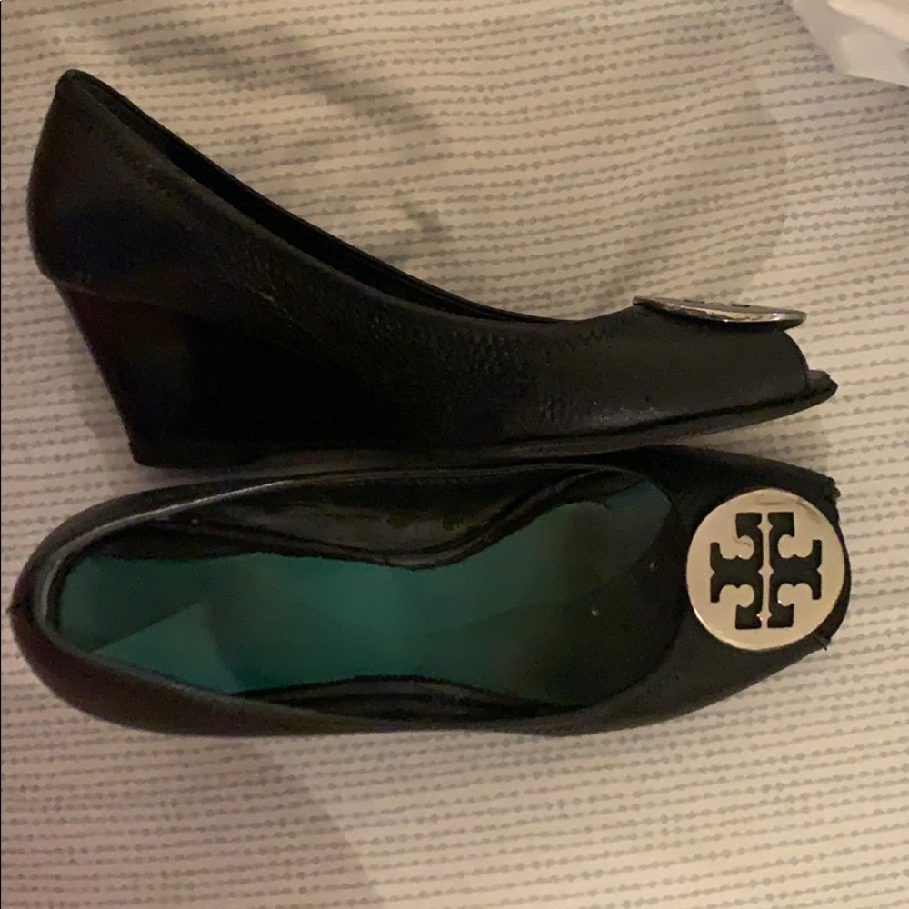 Tory Burch Black Wedge Peep-Toe with Gold Logo